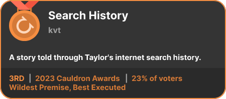 3rd place in the Wildest Premise, Best Executed category in the 2023 Cauldron Awards