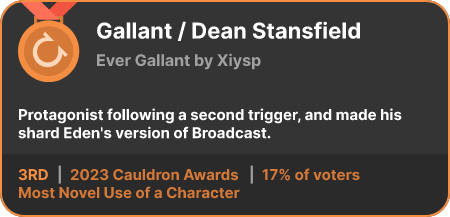 3rd place in the Most Novel Use of a Character category in the 2023 Cauldron Awards