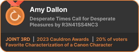 3rd place in the Favorite Characterization of a Canon Character category in the 2023 Cauldron Awards