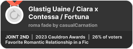 2nd place in the Favorite Romantic Relationship in a Fic category in the 2023 Cauldron Awards