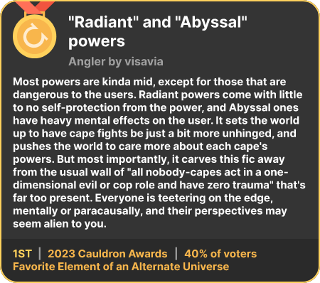 1st place in the Favorite Element of an Alternate Universe category in the 2023 Cauldron Awards