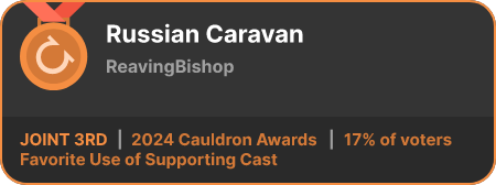 3rd place in the Favorite Use of Supporting Cast category in the 2024 Cauldron Awards